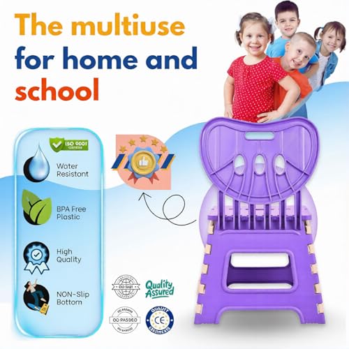 Image of A to Z Hub Folding Plastic Chair with Backrest for Kids & Adults | Portable, Lightweight, Durable Step Stool Seat | Space Saving, Easy to Carry, Indoor Outdoor Multipurpose Chair Brown (Purple)