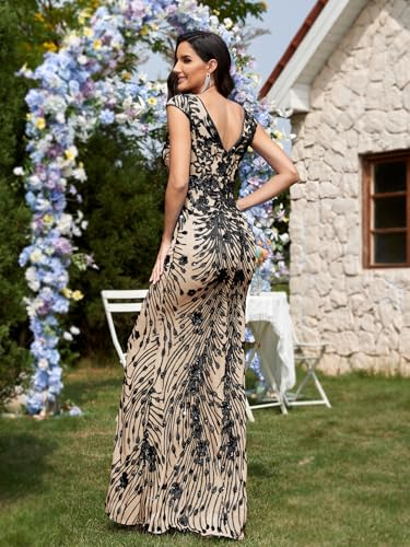 Image of Womens Sequined Long Evening Gown Glamous Sleeveless V-Neck Mermaid Prom Dress for Wedding Party Club Occasions