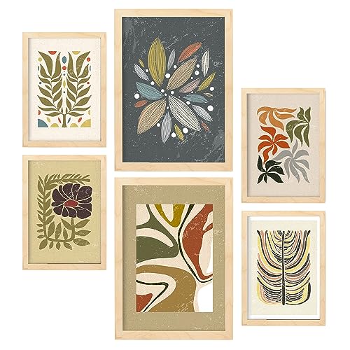 Nacnic Set de 6 Laminas de planta de estilo étnico. Cuadros decorativos estéticos para su sala de estar, dormitorio, hogar. Impresión de arte de pared. Tamaños A4 y A3 con marcos de madera ligera