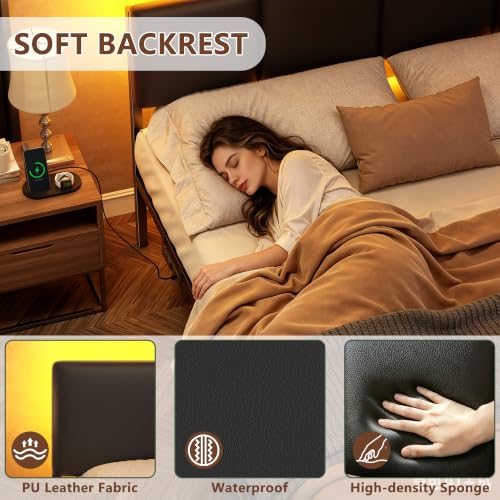 Image of Furnulem Queen Bed Frame with PU Upholstered Headboard and Charging Station | Metal Platform Bed with 2 Fabric Underbed Storage Drawers and LED Lights, Noise Free, No Box Spring Needed, Black, PU Leather