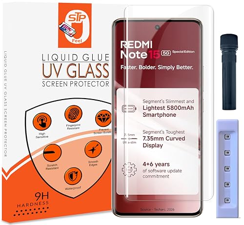 Image of STP FEEL Advanced UV Tempered Glass Screen Protector Guard Compatible For Xiaomi Redmi Note 15 Special Edition /Note 15 SE 5G (6.77 Inch, Pack of 1) Full Adhesive UV Curved Case Friendly HD Clarity