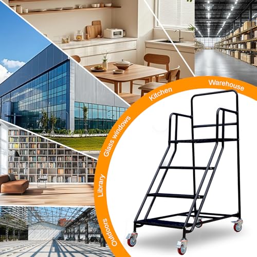Image of 4 Step Rolling Ladder - Mobile Rolling Stairs with Wheels, Heavy Duty Industrial Safety Non-Slip Metal Rolling Ladders, 880lbs Capacity, for Warehouse, Garage, Supermarket