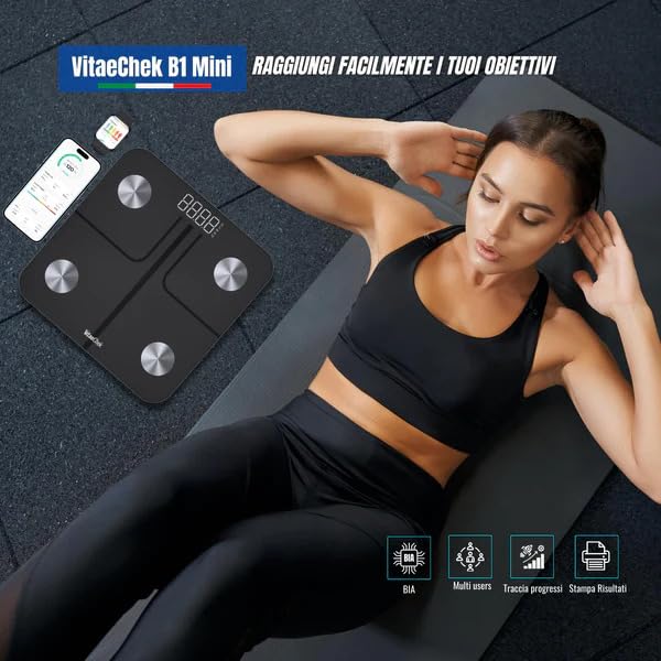 Bilancia Pesapersone Digitale, Bilancia Impedenziometrica in Vetro Temperato, Fino a 180 kg, Bilancia Smart Dotata di 13 Misurazioni (BMI/Grasso corporeo/BMR/Muscoli), 28 cm