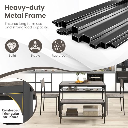 Image of Giantex Dining Table Set for 4, Kitchen Table with Chairs & Bench, Storage Racks, Metal Frame, 4-Piece Space-Saving Dinette Set for Dining Room, Breakfast Nook, Small Space, Apartment, Grey
