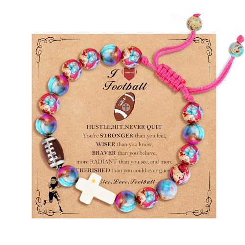 Image of Softball /Soccer /Volleyball /Basketball /Baseball /Football Sports Gifts for Girls Teens Natural Stone Beaded Cross Bracelets Christian Religious Game Day Jewelry Gift
