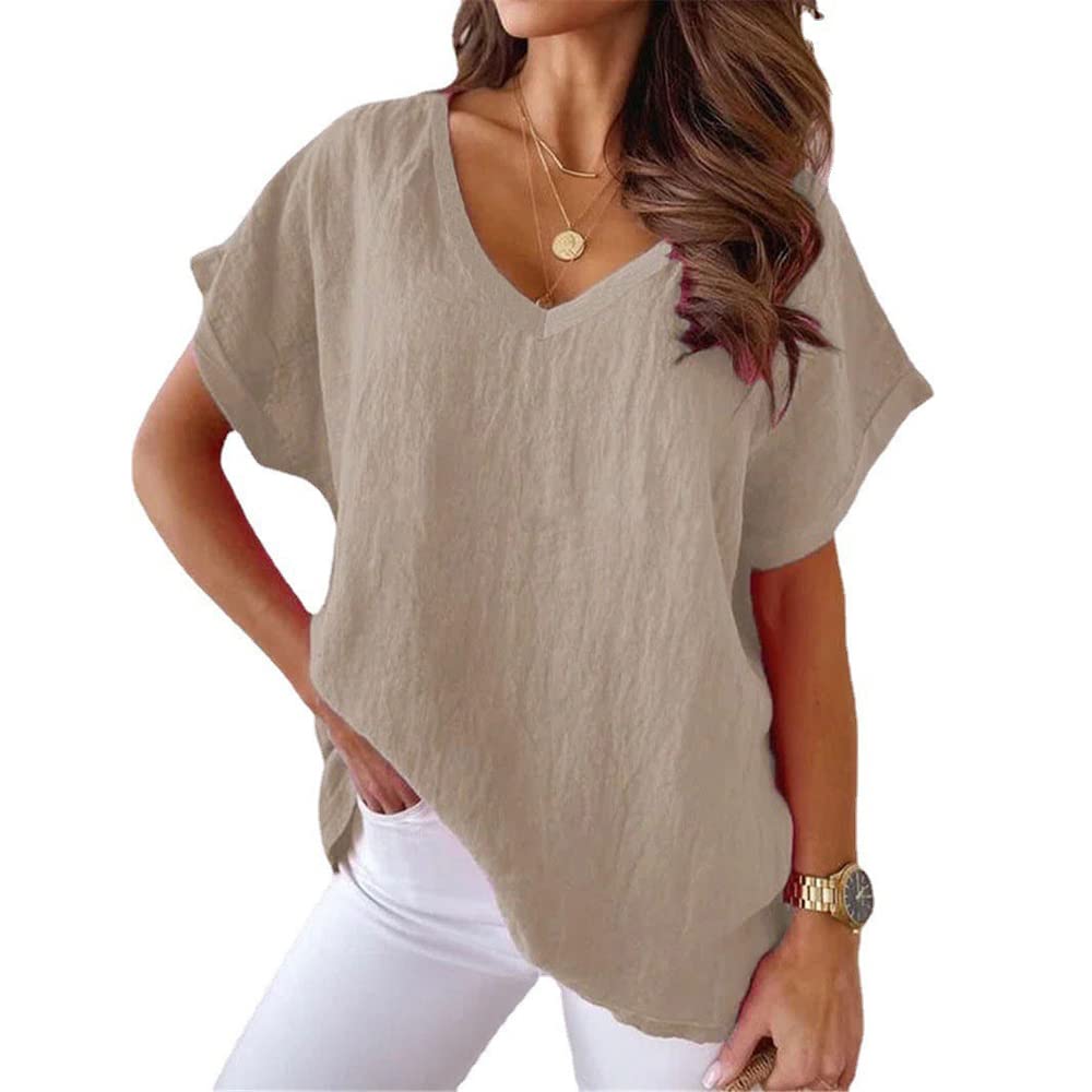 Women Solid Color Cotton Linen V-Neck Batwing Loose Summer Top Short Sleeve Oversized T-Shirt
