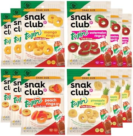 Snak Club Tajin Gummy Candy Fruit Rings, Gummies with Chili and Lime Seasoning, Mild Spice, Gluten-Free and Vegan Snacks, Assorted Variety, Mango, Pineapple, Peach, Watermelon, Snack Size 12 Pack