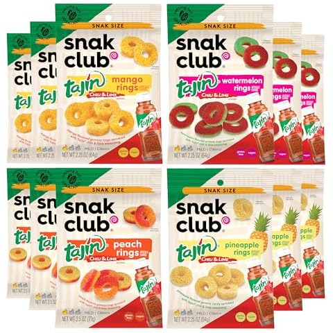Snak Club Tajin Gummy Candy Fruit Rings, Gummies with Chili and Lime Seasoning, Mild Spice, Gluten-Free and Vegan Snacks, Assorted Variety, Mango, Pineapple, Peach, Watermelon, Snack Size 12 Pack Cover