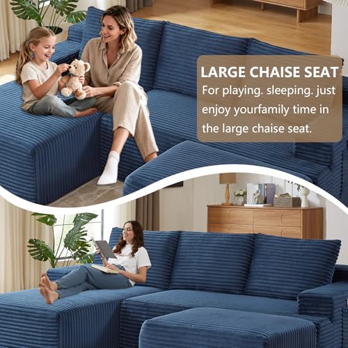 Image of 96 inch U-Shape Cloud Couch, Modern Modular Sectional L-Shape Sofa with Ottoman, Corduroy Upholstered Couches Deep Seat Sleeper Chaise Longue for Living Room, No Assembly Required(Blue, Left Facing)