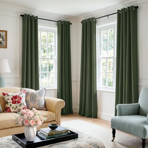 Image of Linen Textured Total Blackout Curtains 90 Inches Long, Loden | 100% Blackout Shield Grommet Blackout Curtains for Bedroom, Thermal Insulated Drapes for Living Room, 50 inchW x 90 inchL, 2 Panels