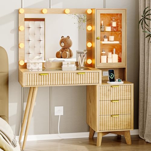 Image of Vanity Desk with Mirror and Lights, 45 inch Fluted Makeup Vanity Desk with Lights &5 Drawers, Glass Top Vanitys with Lighted Mirror and RGB Cabinet, Dressing Table with Power Outlet for Bedroom, Oak