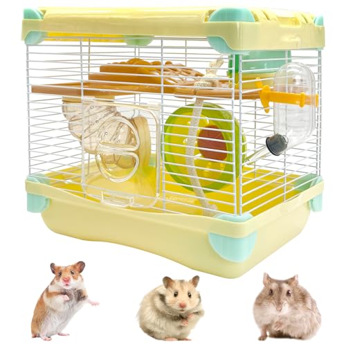 Hamiledyi Portable Hamster Cage 2 Layers Dwarf Hamster Habitat 10.90”L*8.07”W*9.84”H Small Animal Travel Cage with Exercise Wheel Hamster Enclosure Mouse Cage for Hamsters Mice Gerbils Tiny Pets