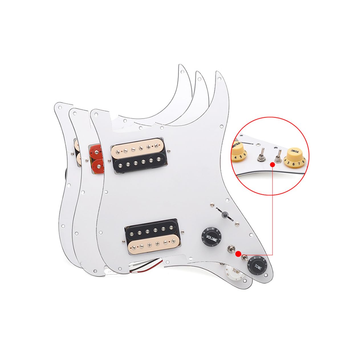 Wstępnie okablowany załadowany pickguard Strat HH z ceramicznymi przetwornikami Double Colis Humbucker pasuje do części gitary Strat, biały, 3-warstwowy z czarno-białym przetwornikiem