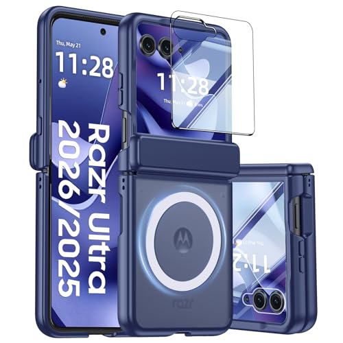 oupeigar Magnetic for Motorola Razr Ultra 2026/2025 Case,Hinge Protection, Screen Protector, Compatible with MagSafe, Translucent Frosted, Shockproof Slim Cover for Razr Ultra 2026/2025-Blue