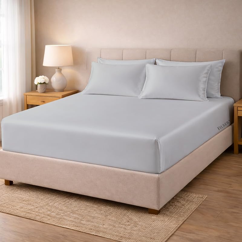 Image of Filbert - Premium Satin Fitted Bedsheet Single Bed (36x75 Inch) with 1 Pillow Cover | Hypoallergenic Breathable | Hair and Skin Friendly, Women Gift Choice|Silver Grey
