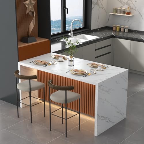 Gyfimoie Large Imitation Marble Dining Table for 4-6 People(Patent Pending),63" Island Table with LED Lights,Mordern Marble Stripes Kitchen Dining Table with Grille Design for Dining Room,Living Room