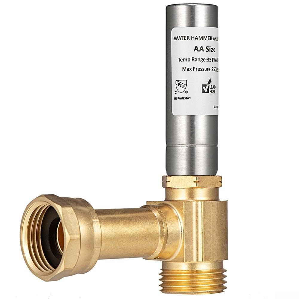 Pararrayos de martillo de agua en ángulo de 3/4 pulgadas para lavadoras, construcción de acero inoxidable y latón, absorción de impactos para sistemas de fontanería, paquete de 2