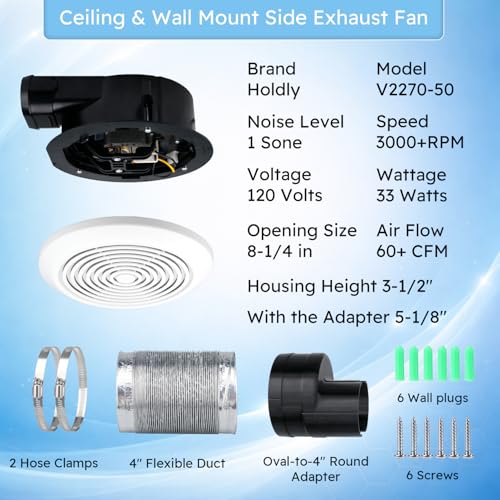 V2270-50 4 inch Bathroom Exhaust Fan Kit, 120V, 60 CFM, 1 Sone, Side-Discharge, with 4" Round Adapter & Flexible Duct, 3-1/2" Slim Profile (5-1/8" Total Depth), Fits 8-1/4" Opening for RV, Mobile Home by Holdly - Used condition - Image 2