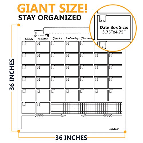 Jumbo Dry Erase Laminated Wall Calendar, Huge 36 Inch By 36 Inch Size, Monthly Planner For Home Office Classroom, Goal Tracker, Reusable Pet Film, Never Folded, Includes 5 Markers, 8 Tacks, 1 Eraser #TOP4