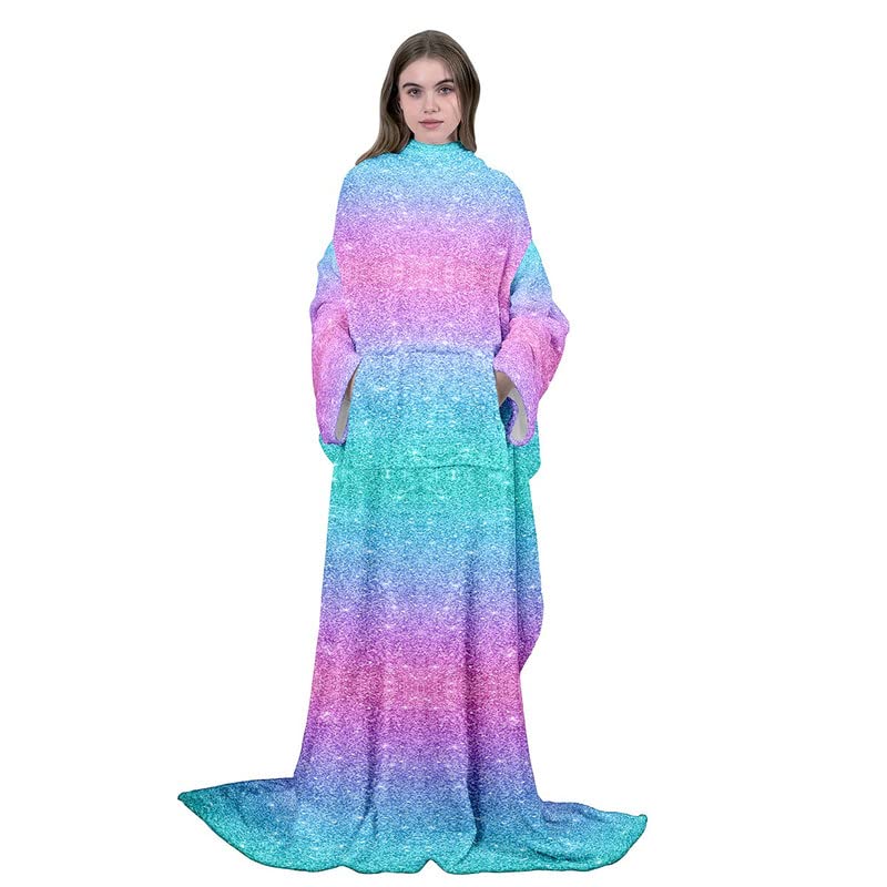 Loussiesd Glitter Wearable Blanket with Sleeves, Pastel Soft Fleece Blanket with Arms for Women Men Adult Kids, Dreamy Cozy Warm Fuzzy Flannel Blanket for Bed Couch Sofa Winter Gift, 50"x70"