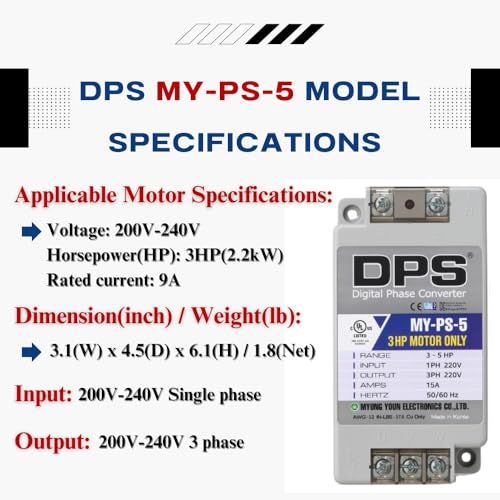 Image of DPS Single to 3 Phase Converter, My-PS-5 Model is Used for a 3HP(2.2kW) 9Amps 200-240V 3 Phase Motor, Input /Output 200V-240V, UL /CE Certified