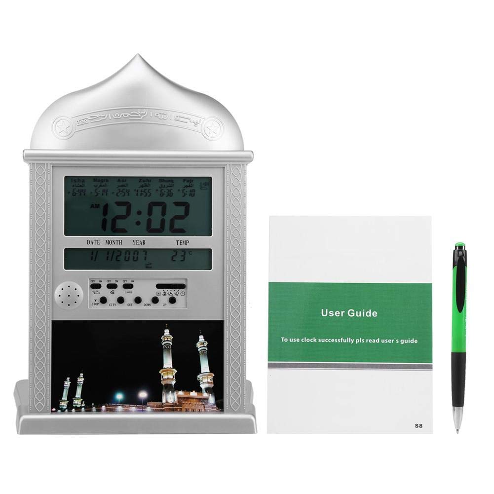 Estink Tisch-Gebetsuhr HA-4004 Silberner Islamischer Gebetswecker Muslimischer Athan-Zähler Digital Zwei Schlafmodi 7,6 x 21,1 x 3,0 cm (Ohne Batterie)