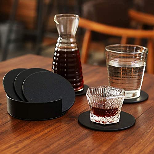 Kemmper Drink Coasters Set Of 6 Leather Coasters Spill Protection For Table Desk,Durable And Non Slip Leather Coaster Perfect For Common Size Glass Coffee Cup & Mug,4 Inches(Round Black Coasters) #TOP4