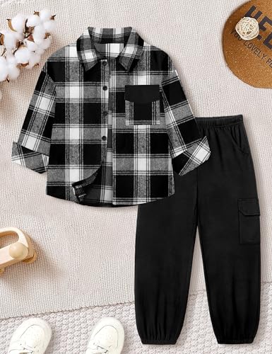 Toddler Boys Clothes Long Sleeve Flannel Plaid Button Shirt +Cargo Pants 2 Pcs Fall Winter Kids Outfits Set for 3-8T 6
