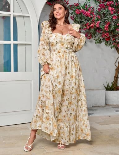 Women's Floral Puff Long Sleeve Maxi Dress Sexy Sweetheart Corset Boho Chiffon Flowy Smocked Long Dresses2