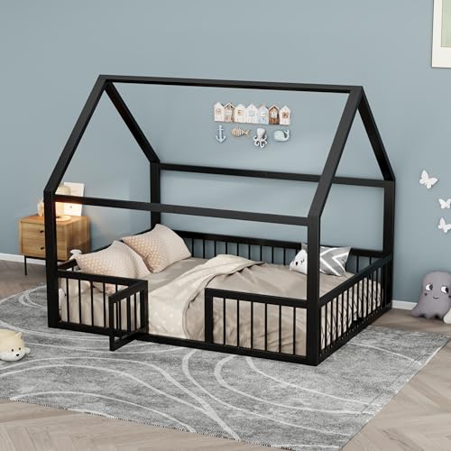 YuQozii 140 x 200 cm, cama de metal, cama plana, estructura de cama de metal, cama de hierro, sin colchón, molduras para casa, parapeto, negro