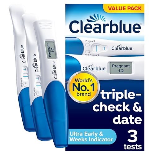 Clearblue Pregnancy Test Ultra Early Triple-Check & Date Combo Pack, Results 6 Days Early (Visual Sticks) & Tells You How Many Weeks (Digital Stick), 3 Tests (1 Digital, 2 Visual)