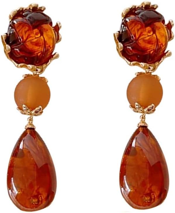 Retro Amber Teardrop Dangle Earrings for Women Silver Stud Post Hypoallergenic Big Brown Waterdrop Resin Round Knot Statement Drop Dangling Earring Vintage Holiday Birthday Theme Party Jewelry Gifts