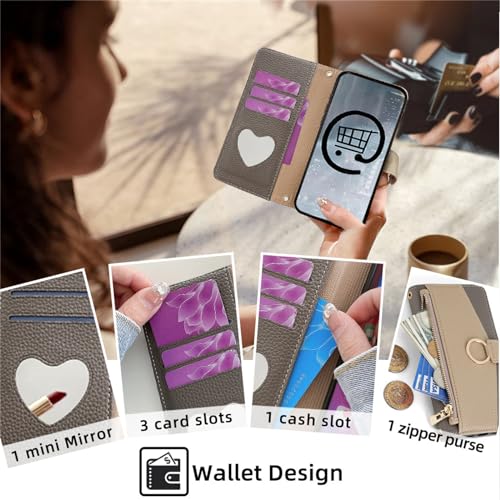 Housse en cuir PU souple iPhone 14 finition soignée grise avec rangement et bandoulière