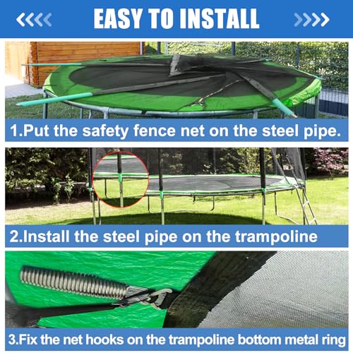 14ft Trampoline Net - Replacement Enclosure Safety Net for 8 Straight Poles Round Frames Trampoline, Nylon Trampoline Barrier Net Parts with Double Zipper and Protection Buckles, Black