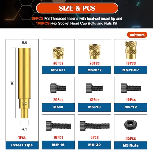 Image of 156Pcs M5 Heat Set Insert with Screws & Insert Tips Brass Threaded Inserts Female Knurled Nuts Assortment Kit for Plastic and 3D Printing Components