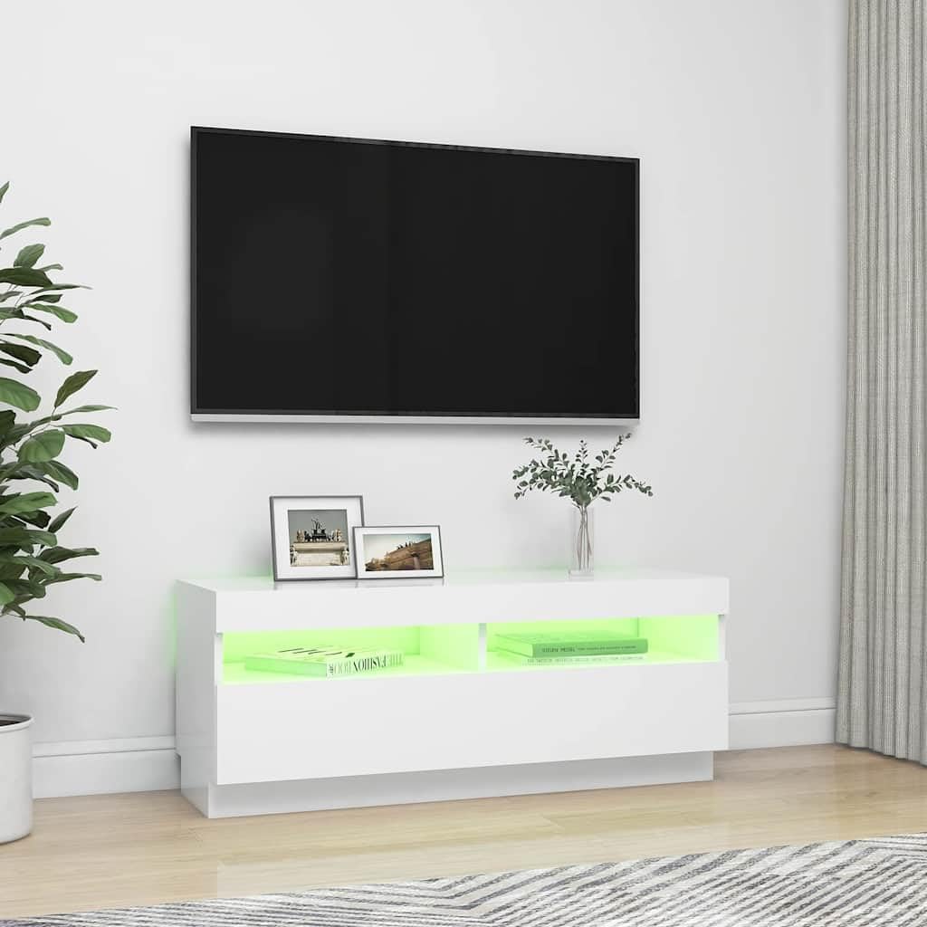Szafka TV z diodami LED RGB, biała, 100 x 35 x 40 cm, materiał drewnopochodny, nowoczesne centrum rozrywki do salonu, sypialni, do przechowywania multimediów