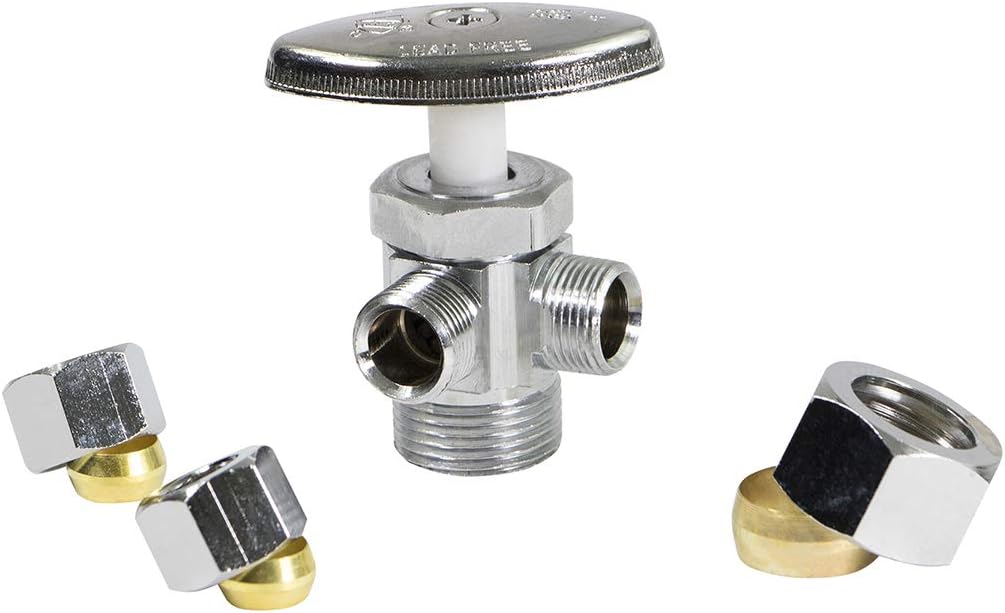 Midline Valve 76358QS-OM-5 Angle Stop Valve; Dual Outlet; Multi-Turn Wheel; One Piece; 5/8 in. x 3/8 in. COMP; Chrome Plated Brass (5 Pack)