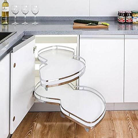 2 Tier Kitchen Cabinet Cupboard Corner Pull Out Shelf Carousel Storage Rack White Corner Flying Saucer Basket (Left Open) Cover