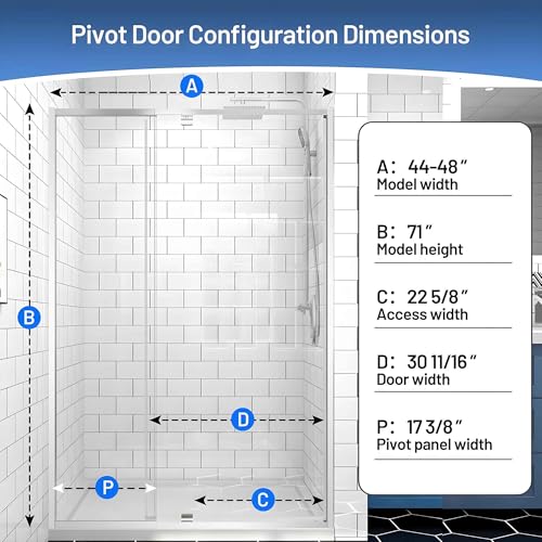 Rodkedc Pivot Glass Shower Door, 44–48" W x 71" H, 1/4"(6mm) Clear SGCC Tempered Glass, Chrome Finish, Magnetic Closure, Reversible Installation by Rodkedc - Used condition - Image 2