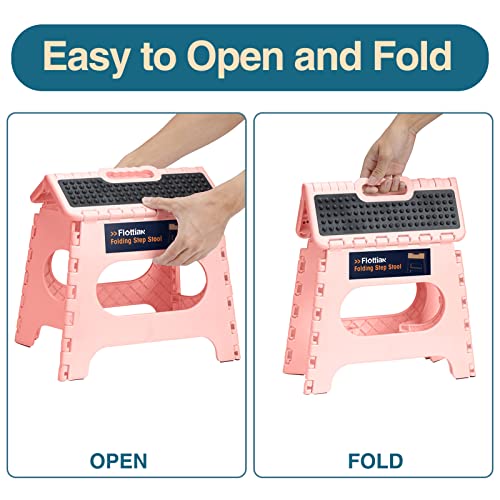 Image of Flottian 11 inch Folding Step Stool for Adults and Kids Holds Up to 300 lbs,Non-Slip Folding Stools with Portable Handle, Compact Plastic Foldable Step Stool for Bathroom,Bedroom, Kitchen Sakura Pink