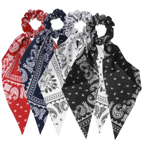 Ouligay 4 PCS Vintage Bow Scrunchies Elastic Hair Scrunchies and Ribbons Knotted Bow Hair Ties Elegant Fabric Hair Ribbons Ponytail Holders for Women and Girls Multicolored