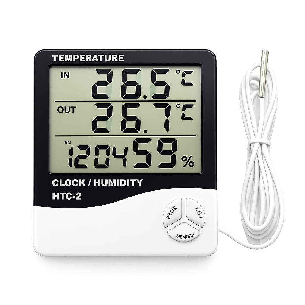 HTC-2 Digital Thermometer Hygrometer with External Sensor Probe | Indoor Outdoor Temperature & Humidity Meter | Clock Alarm | LCD Display-image-33