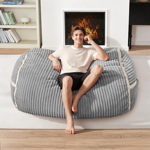 Image of 4FT Bean Bag Chair 4'Big Bean Bag Chairs with Adults, Large Beanbag Chair | Bean bag Lounger with Washable Cover Corded Plush Fabric, Comfy Chairs for Living Room Bedroom Dorm, Lightgrey with Beige