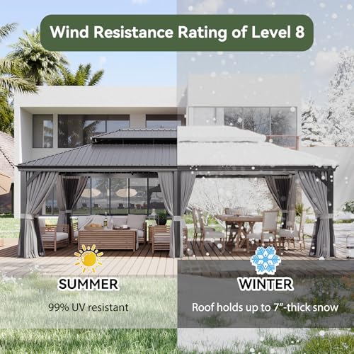 Image of Aoxun 14' X 24' Aluminum Gazebo with Drainage System, Netting, Grey | Hardtop Outdoor Gazebo with Galvanized Steel Double Roof, Patio Permanent Metal Pavilion, for Garden, Deck, Pool