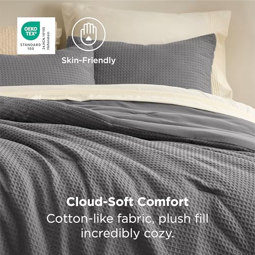 Image of Bedsure Waffle Comforter Set Twin, Soft and Breathable Dark Grey Bedding Comforter Set, 2 Pieces, 1 Waffle Weave Comforter (68 inchx88 inch) and 1 Pillowcases (20 inchx26 inch)