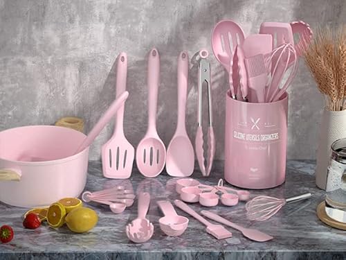 Kitchen Utensils Set, Umite Chef 22Pcs Silicone Cooking Utensils Set, Heat Resistant Silicone Kitchen Spatulas Set With Holder, Cooking Gadgets Tools Set For Nonstick Cookware, Dishwasher Safe(Pink) #TOP1