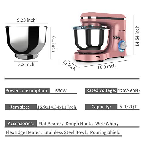 Nurxiovo 6.5QT Stand Mixer 660W Dough Hook Whisk Beater 6-Speed Electric Mixer Kitchen Tilt-Head Food Mixer with Stainless Steel Bowl (Rose Gold) - Thumbnail 4