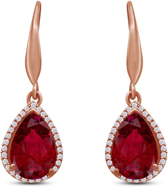 Red Simulated Ruby & White Cubic Zirconia Pigeon Blood Dangle Earrings In 925 Sterling Silver