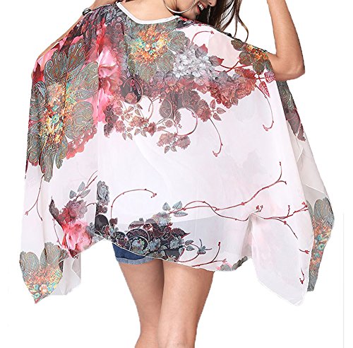 Qunsia Womens Chiffon Caftan Poncho Tunic Top Cover Up Batwing Blouse,White,One Size #TOP3