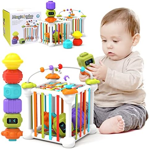 JUXUE Baby Sensory Bin Shape Sorter Toy for 1 Year Old, Sensory Stacking Toys for Babies 6-12 Months, Toddlers Fine Motor Skills Montessori Developmental Toys Age 1-2-3-4